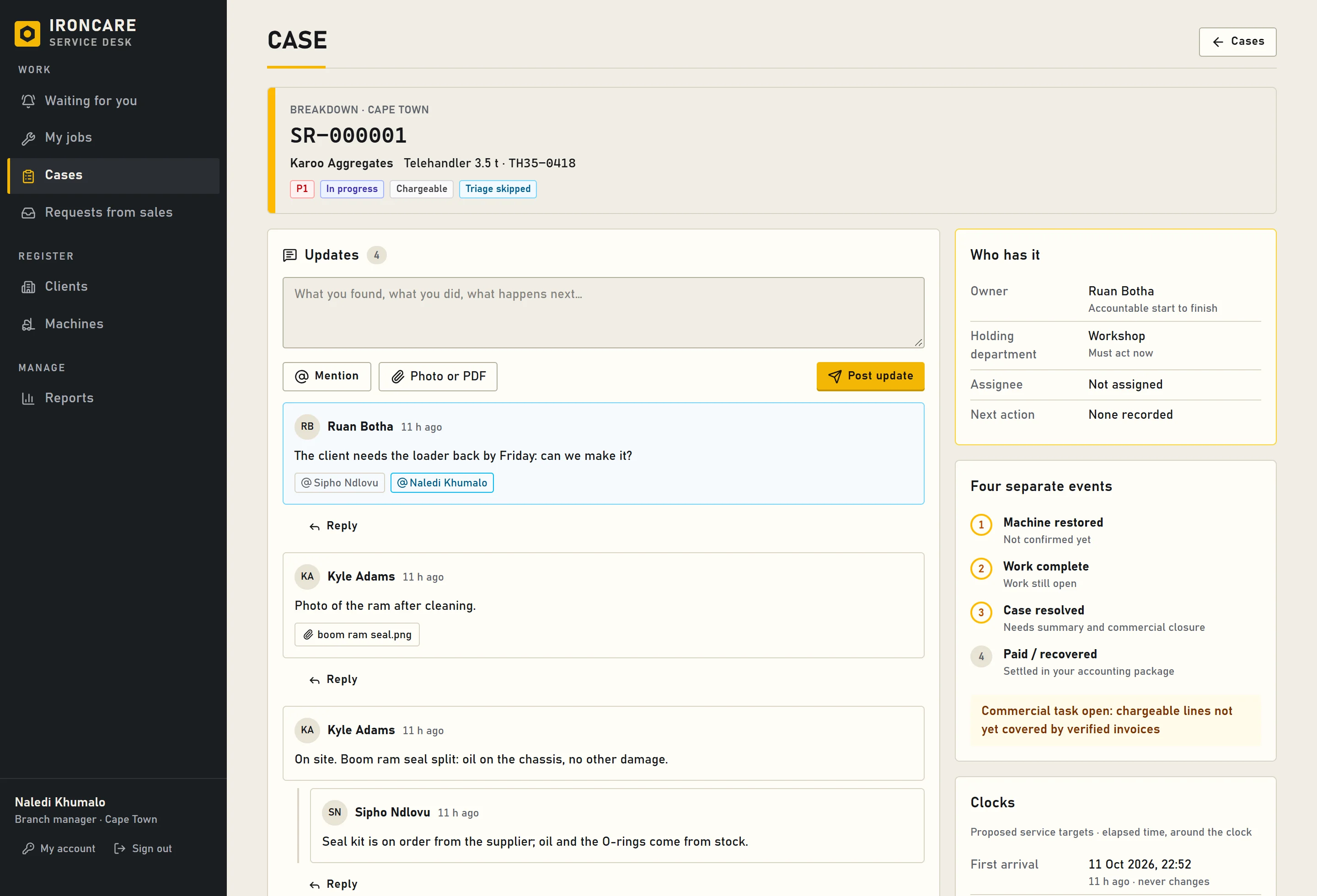 An Ironcare case page: the job tag with its reference, client and machine, who has the case, updates, work orders and the four separate closing events.