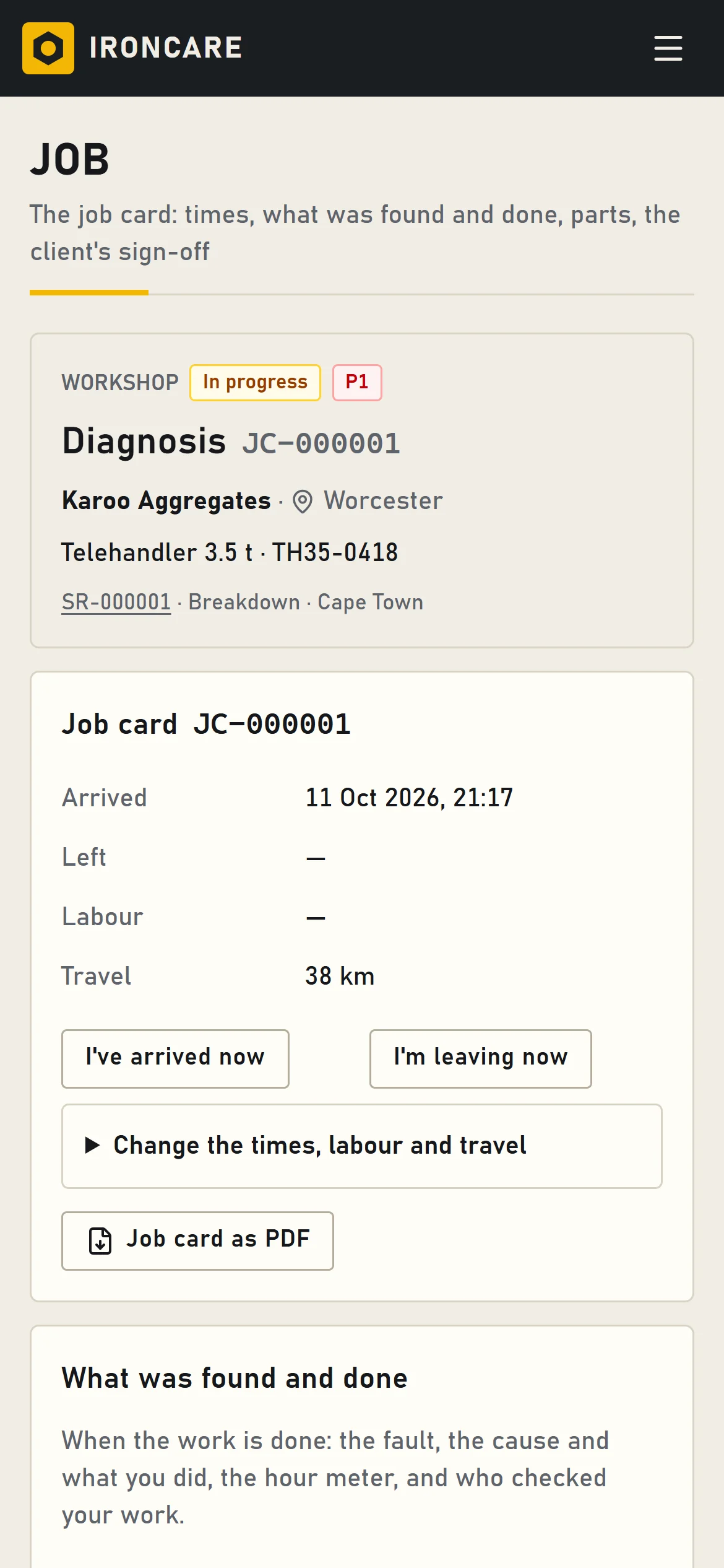 A job card on a phone: start and stop times, findings, parts used and the client’s sign-off.
